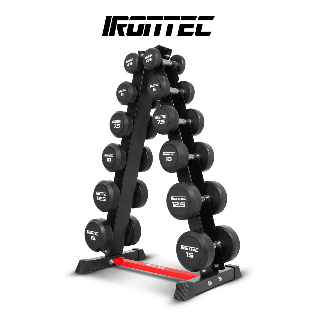 ดัมเบล กลม หุ้มยาง IRONTEC 6 คู่ ขนาด 2.5-15KG พร้อมขาตั้ง (DB4012SET105KG) - เครื่องออกกำลังกาย แบรน