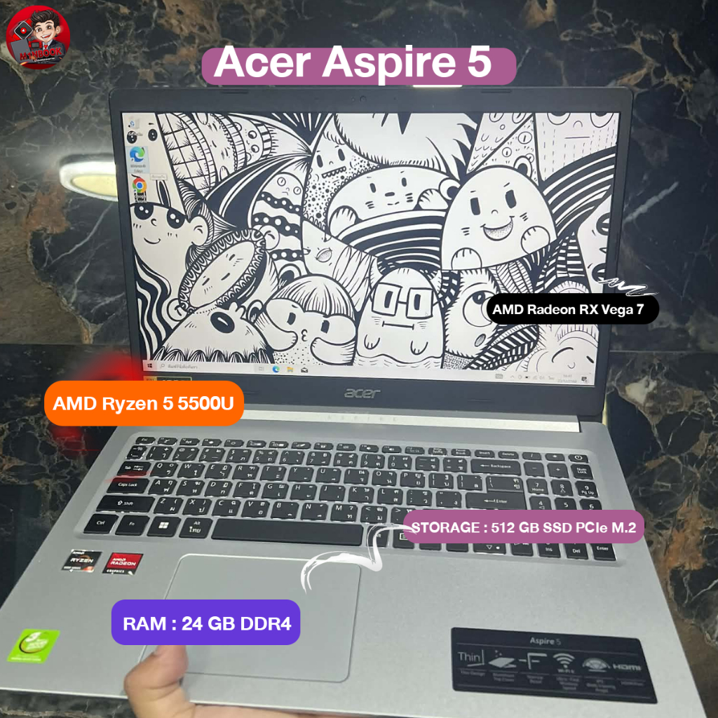 โน๊ตบุ๊คมือสอง Acer Aspire Lite 15 Ryzen 5 5500U/ram24gb/m.2512gb/RX Vega 7ออนบอร์ด