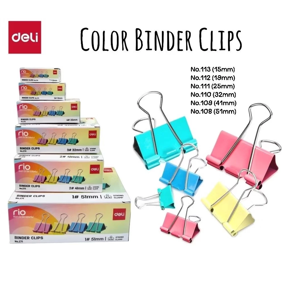 Deli คลิปหนีบกระดาษสี Color Binder Clips ขนาด 15มม., 19มม., 25มม., 32มม., 41มม., 51มม. (จำนวน 12 ตัวต่อกล่อง)