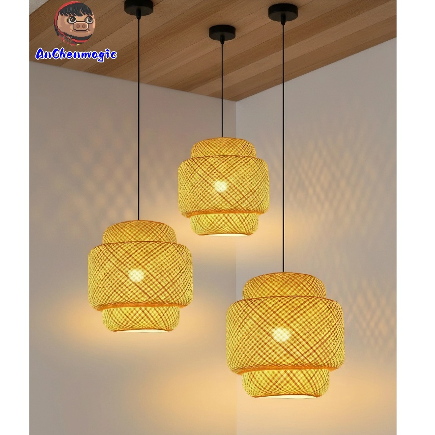 โคมไฟเพดาน โคมระย้า ไม้ไผ่ สานด้วยมือ สีธรรมชาติ รอบทอจี้ สำหรับตกแต่งห้องครัว ร้านอาหาร พับได้ นุ่ม และไม่แสบตา