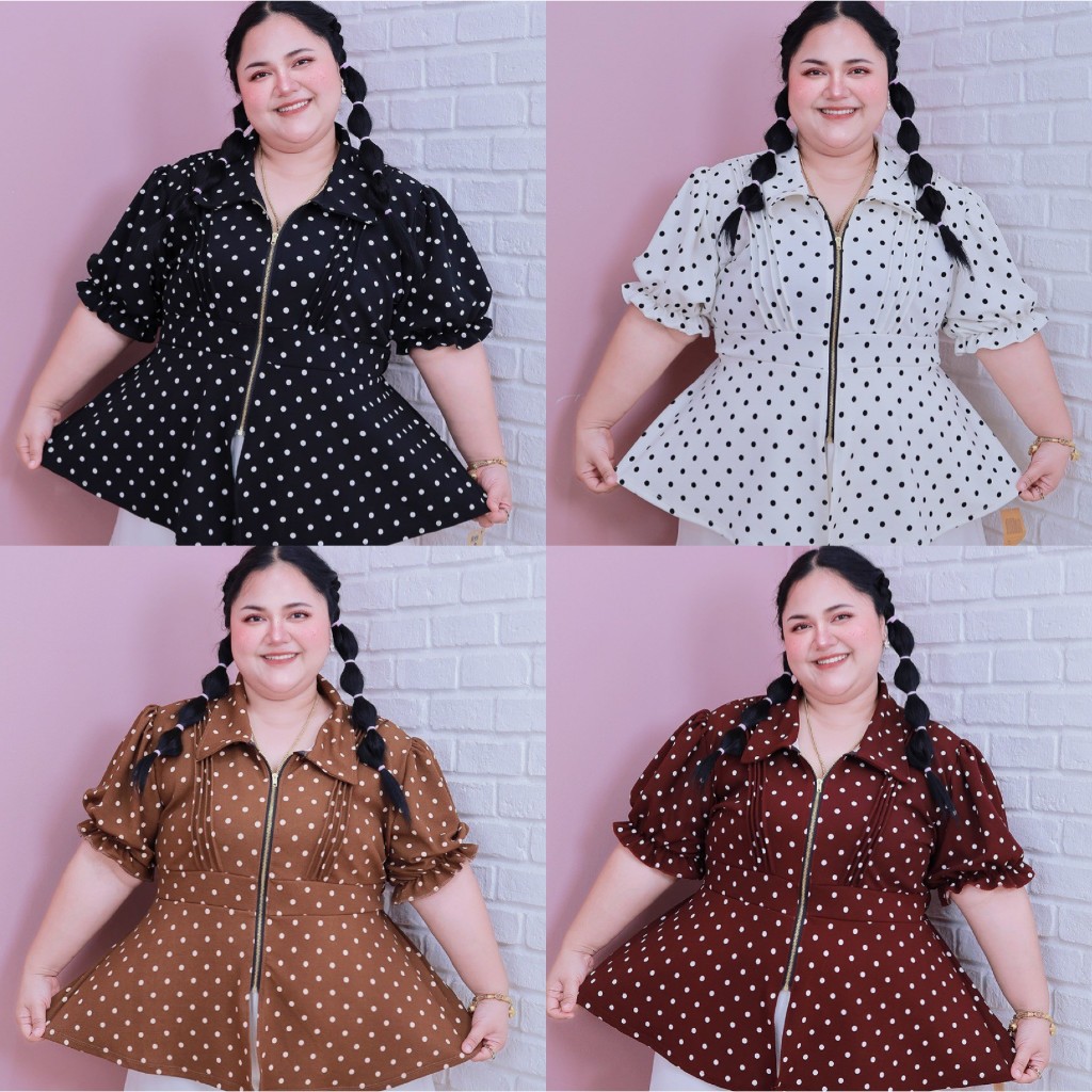 [ ส่งฟรี 🔥 ] เสื้อลายจุดซิปทองแขนตุ๊กตา ผ้าวูลเวฟ A351 เสื้อลายจุดไซส์ใหญ่สาวอวบ พลัสไซส์ คนอ้วน - รูปที่ 3