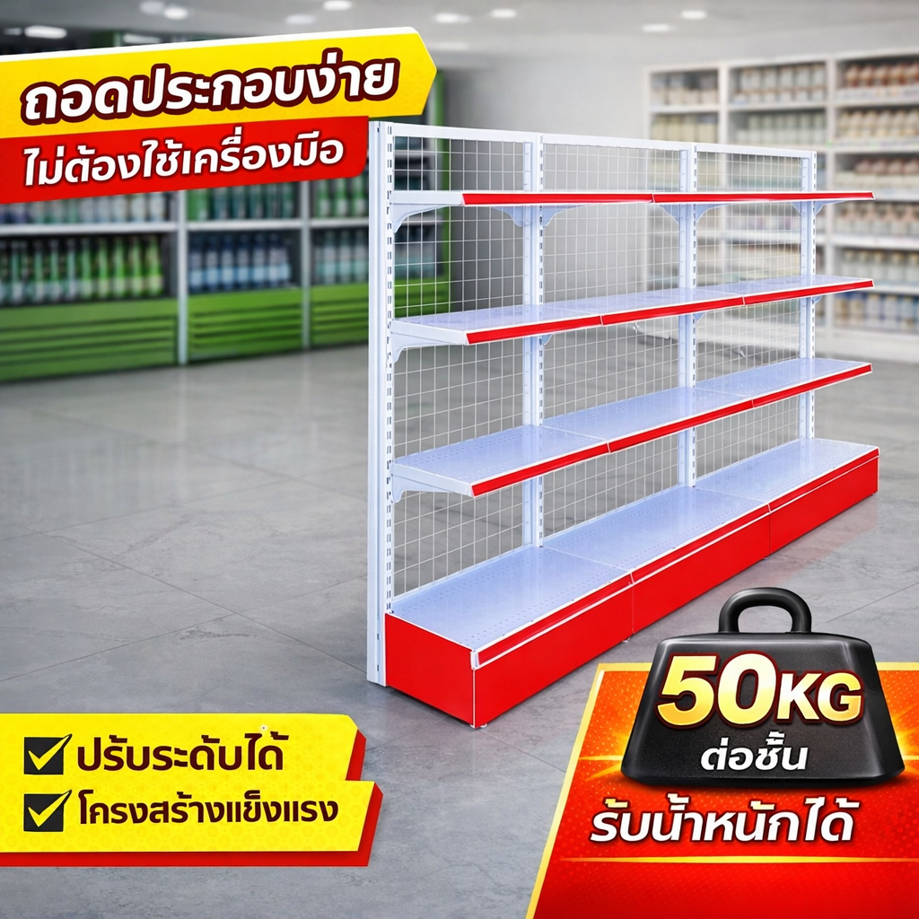 ชั้นวางสินค้ามินิมาร์ท ชั้นวางของซุปเปอร์มาร์เก็ต ใช้เปิดร้านซุปเปอร์มาเก็ตและ รับน้ำหนักชั้นละ50KGต่อชั้น
