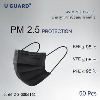 U GUARD Medical Face Mask หน้ากากอนามัยทางการแพทย์ Level 1 สีดำ สายคล้องแบน ไม่รัดหู 50 ชิ้น/กล่อง