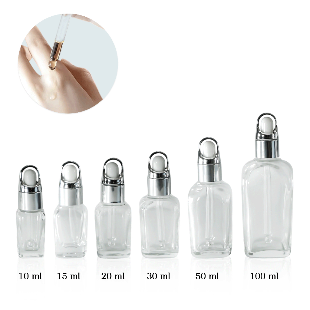 [COSS] ขวดแก้วสีใส(ทรงเหลี่ยม) ขนาด 10-100ml ฝาดรอปเปอร์ สำหรับบรรจุน้ำมันหอมระเหย เซรั่ม พร้อมส่ง ราคาถูก