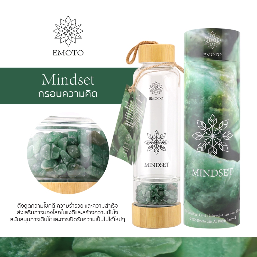 EMOTO ขวดน้ำคริสตัลแท้ Green Aventurine | Crystal-Infused Glass Bottle | เสริมโอกาส ความมั่นคง Mindset