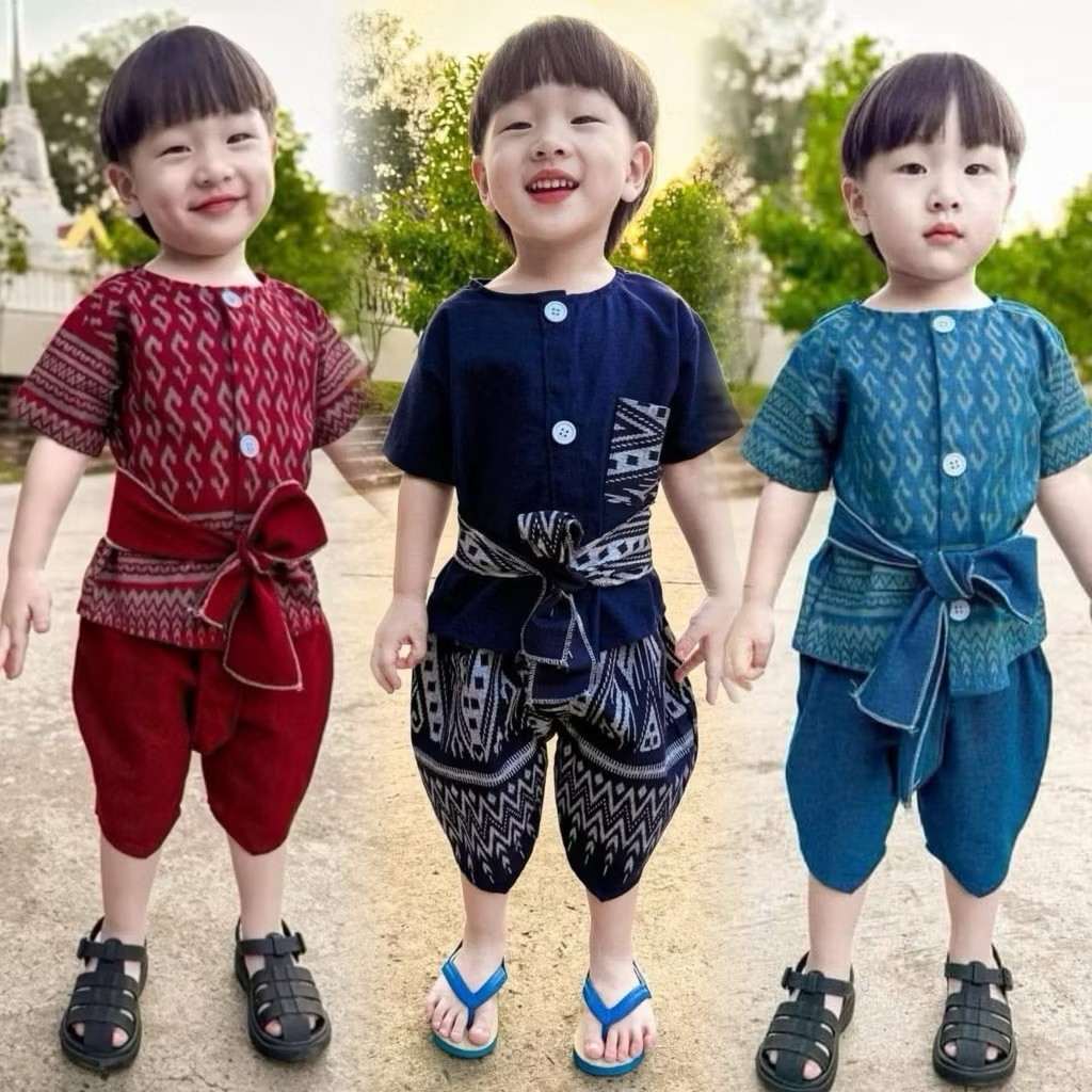 ชุดไทยเด็กผุ้ชาย รุ่นคอกลม ลายสุดฮิต สุดน่ารัก ใส่ทำบุญ