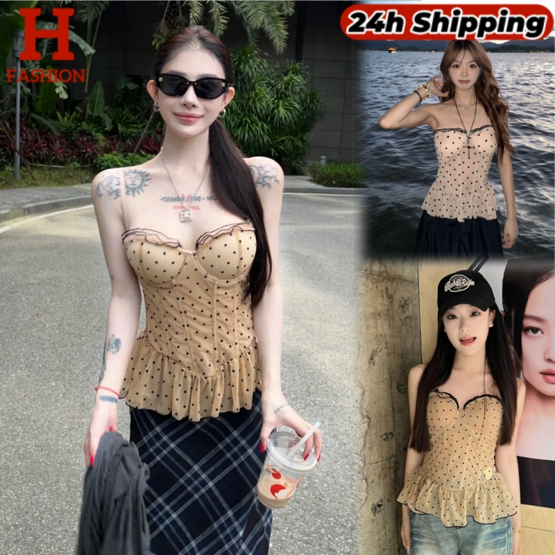 HOT พร้อมส่ง เสื้อสายเดี่ยว เสริมฟองน้ำ ดีเทลแต่งลายจุดน่ารัก FY1953