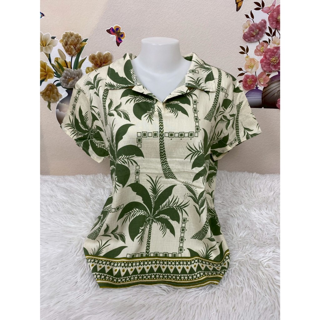 เสื้อลายดอก เสื้อสงกรานต์ ผ้าสปัน เสื้อคุณแม่ คอปก  ลายดอก ผ้าใส่สบาย เนื้อผ้าเบา รอบอกฟรีไซส์ 46-52นิ้ว รุ่น05
