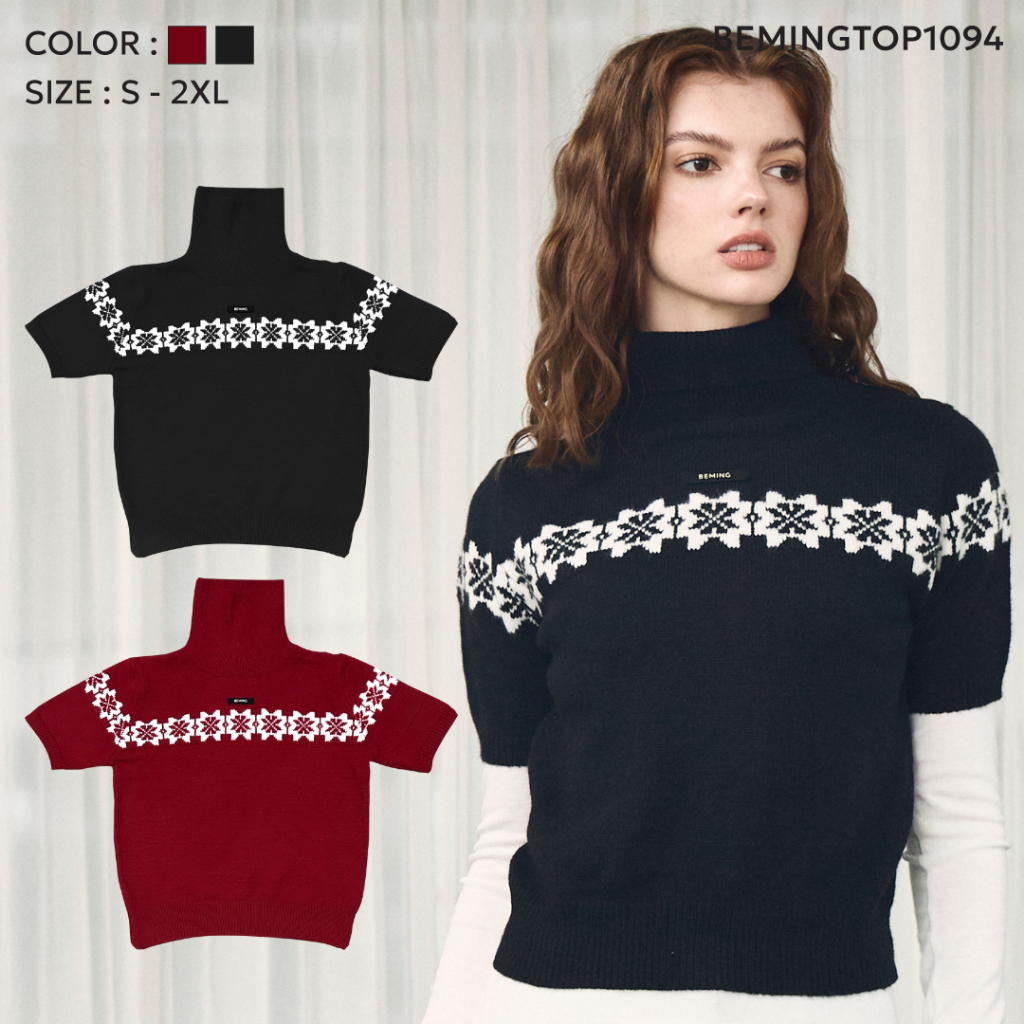 Bemingtop1094(S-2XL)-BMG Knit Mockneck - เสื้อไหมพรมคอเต่าแขนสั้น ดีไซน์ลายแฟร์ไอส์บริเวณอก