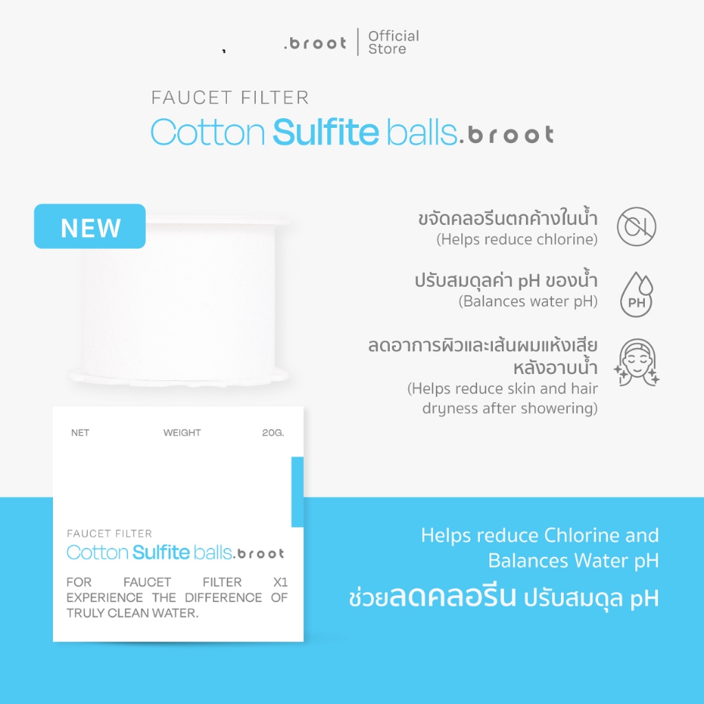 Cotton + Sulfite Balls  ไส้กรองฝ้ายเกรดพิเศษผสานนวัตกรรมแคลเชียมซัลไฟต์บอล (ใช้สำหรับ Face Wash Fauc
