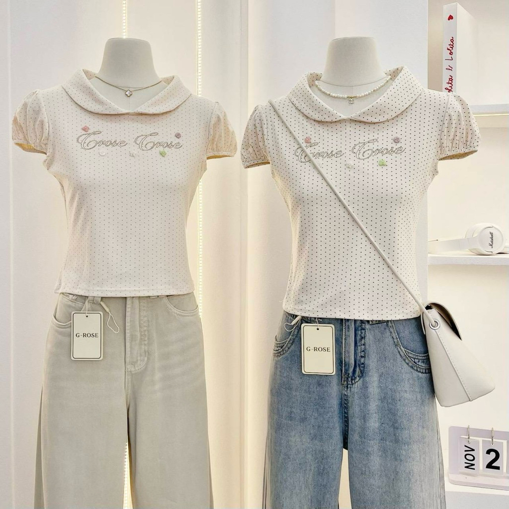 G-Rose เสื้อยืดคอบัว แขนตุ๊กตา ลาย pokadot อก 32-38“ ผ้าดีมาก