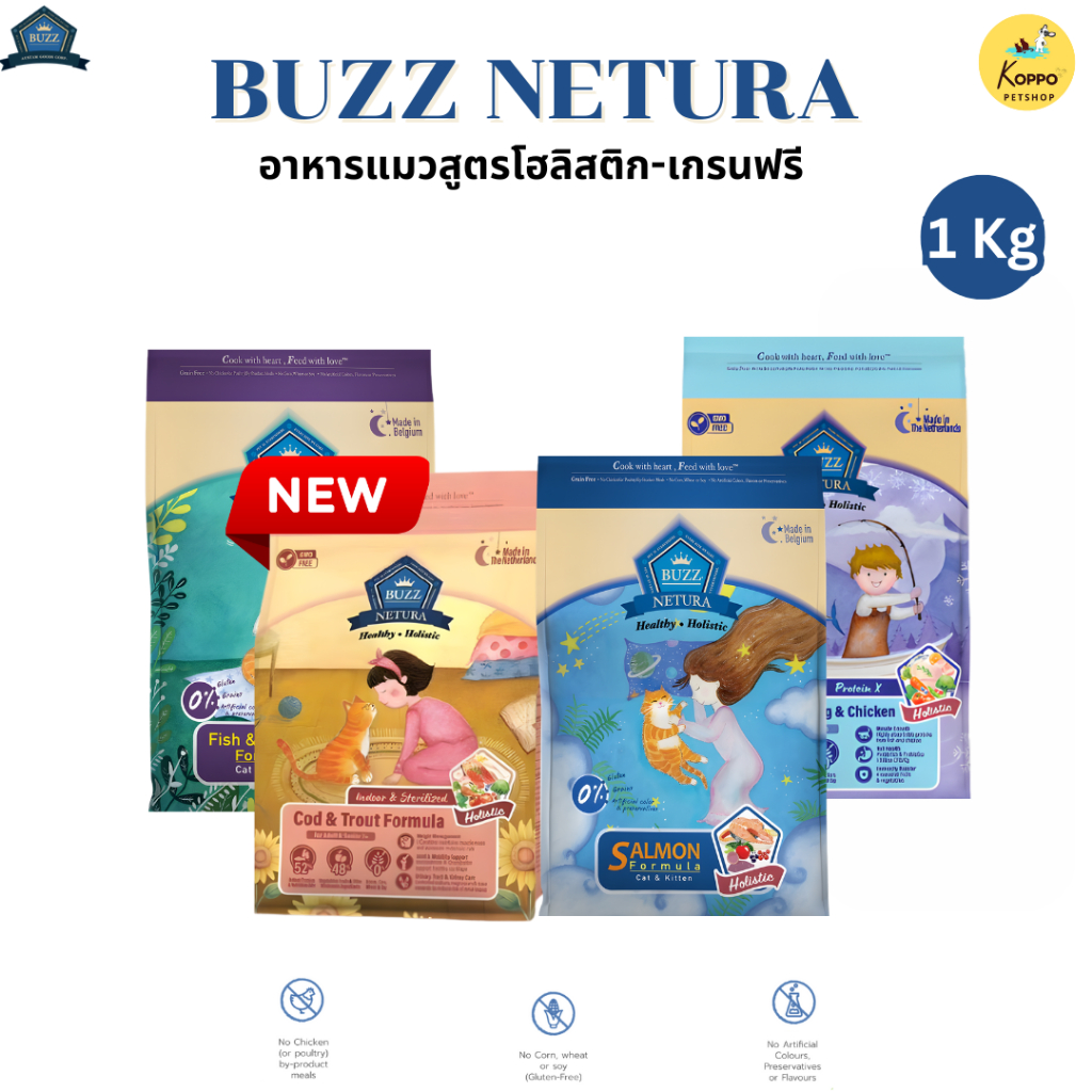 [N/L] Buzz Netura ขนาด 1 Kg. อาหารแมวบัซซ์เกรด Holistic เกรนฟรี กลูเตนฟรี เกรดพรีเมี่ยมนำเข้าจากเบลเยี่ยม ปราศจากธัญพืช