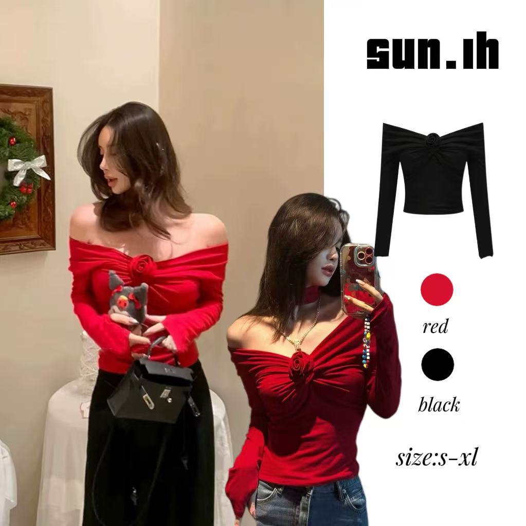 SUN พร้อมส่ง เสื้อยืดแขนยาวเปิดไหล่ลายดอกไม้สุดเซ็กซี่สำหรับฤดูใบไม้ร่วง/ฤดูหนาวปี 2026 - เสื้อเปิดไหล่สุดเซ็กซี่สำหรั