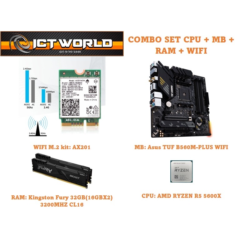 COMBO SET CPU RYZEN R5 5600X + Asus-B550M PLUS WIFI + RAM 32GB(16GBX2) 3200MHZ CL16 + WIFI6 AX200 ชุ