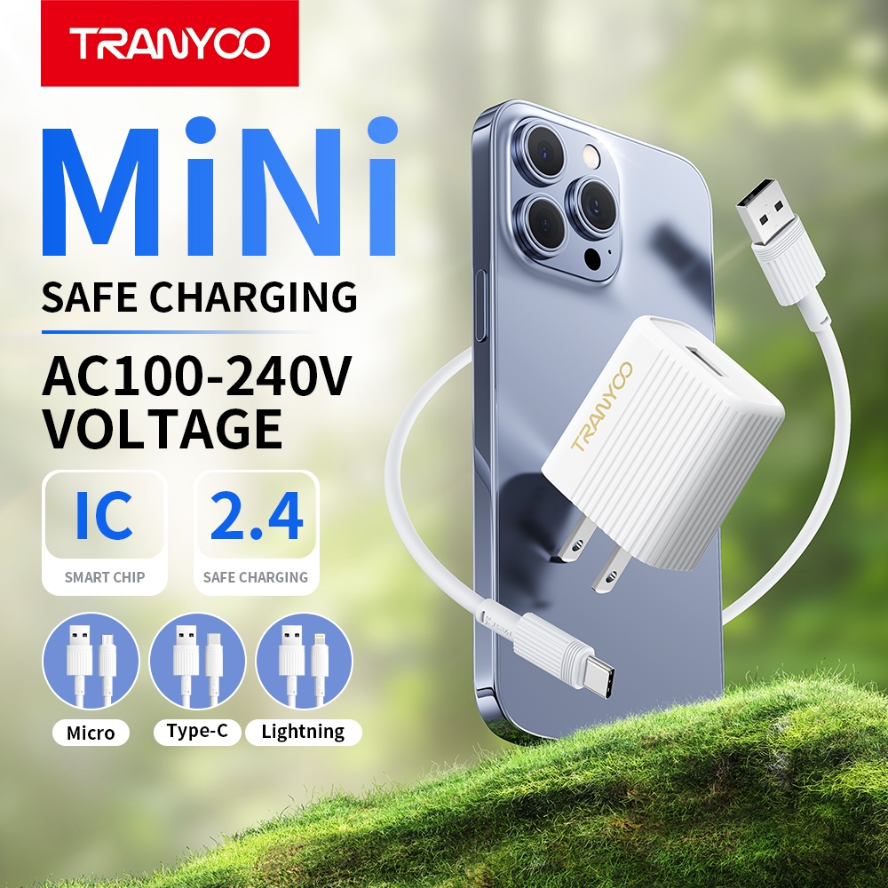 TRANYOO 12W charger phone charging kit, comes with Micro, Type-C and Ligh&ning charging cables.