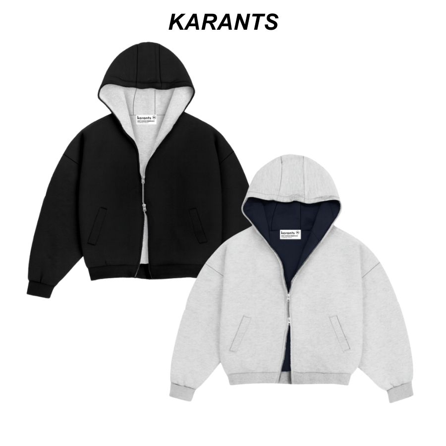 Karants เสื้อฮู้ดดี้แจ็กเก็ตทรง cropped boxy ใส่ได้สองด้าน ผลิตจากผ้าฟลีซสองชั้นคุณภาพพรีเมียม - AK6