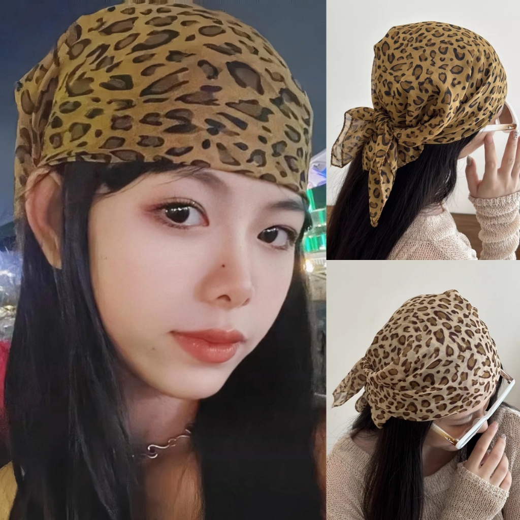 ผ้าโพกหัววินเทจ ที่คาดผมทรงสามเหลี่ยมลายเสือดาว ที่คาดผม สไตล์เกาหลี พร้อมส่งในไทย ดีไซน์แบบผูกเชือก