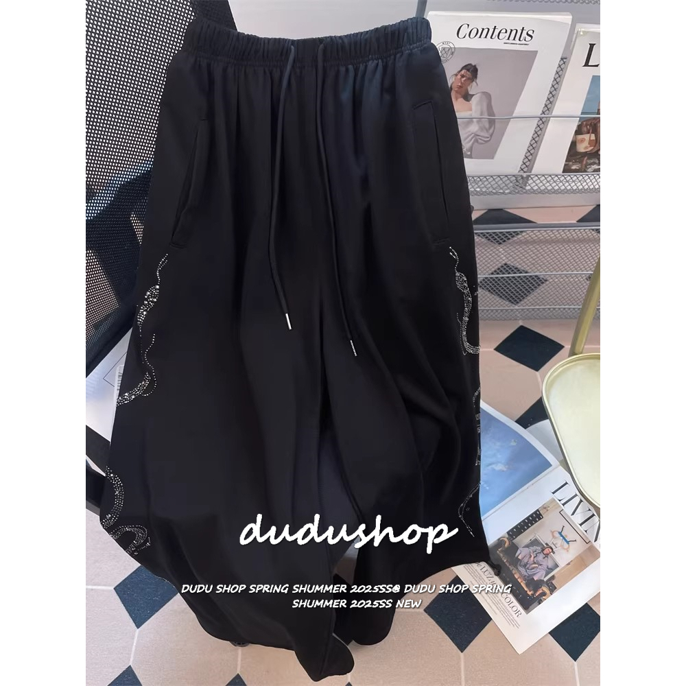 [Fake diamond wide-leg athletic pants]เกาหลีรุ่นวินเทจเทรนด์ผู้หญิงชุดกีฬาขากว้างกางเกงลำลอง