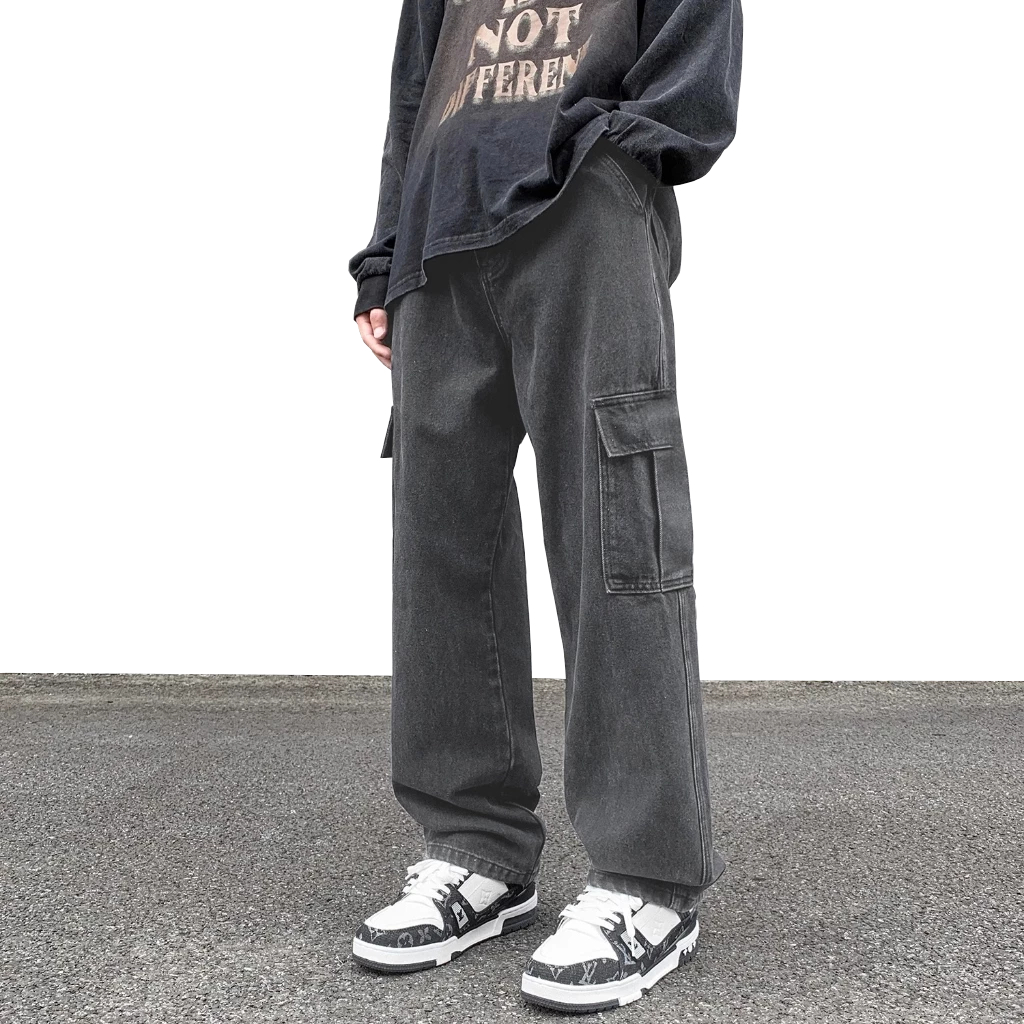 กางเกงยีนส์สำหรับผู้ชาย กางเกงคาร์โก้สำหรับผู้ชาย ทรงหลวมตรง ลำลอง กางเกงยีนส์คาร์โก้สไตล์เกาหลี สีเทา - รูปที่ 2