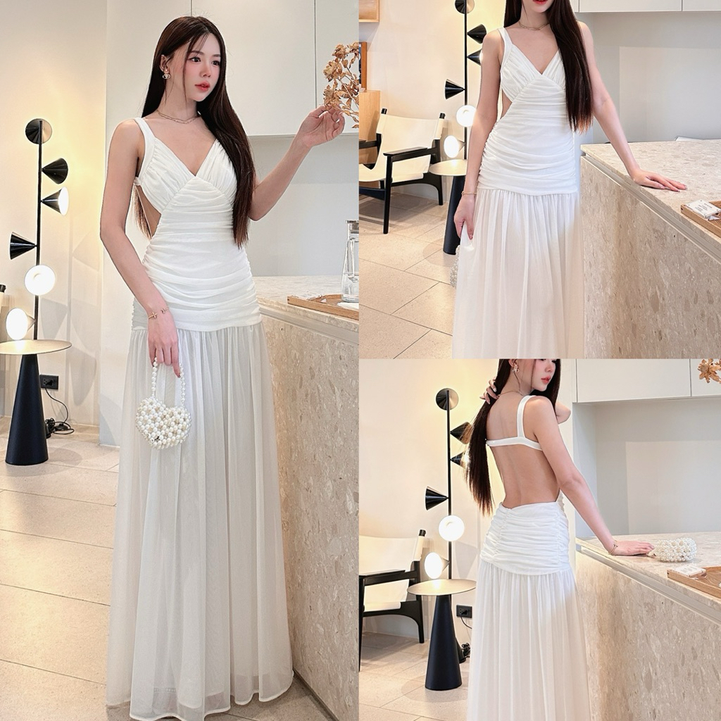 Elysia Dress เดรสยาวสายเดี่ยว คอวีจับเดรป ช่วยขับทรงให้ดูหวานหรู ผ้ามุ้งซีทรู นิ่มยืด เหมาะใส่ออกงาน ดินเนอร์