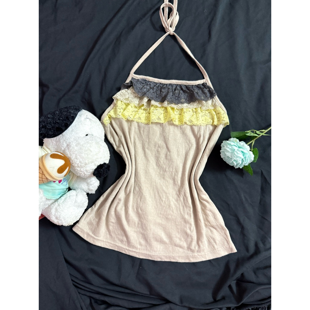 เสื้อญี่ปุ่น คล้องคอแต่งระบายลูกไม้ 3 ชั้น 🌷🌨️แบรนด์ APER DES MAINS 🇯🇵 สไตล์ Fairy Core / Y2K น่ารัก