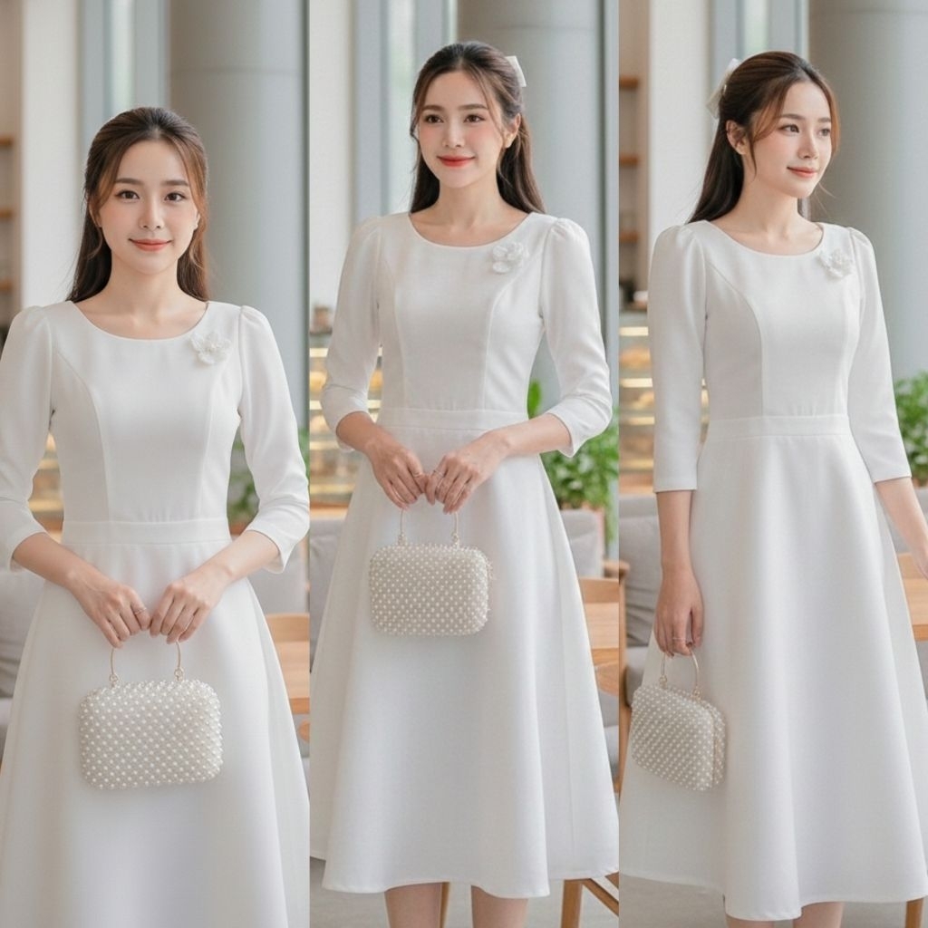 ชุดเดรสผ้าไหม4เส้น คอปาดกระดุมคอหลัง กระโปรงทรงบานย้วย งานมีสาบคอสวยดูแพงมากค๊า ซิปซ่อนด้านหลัง