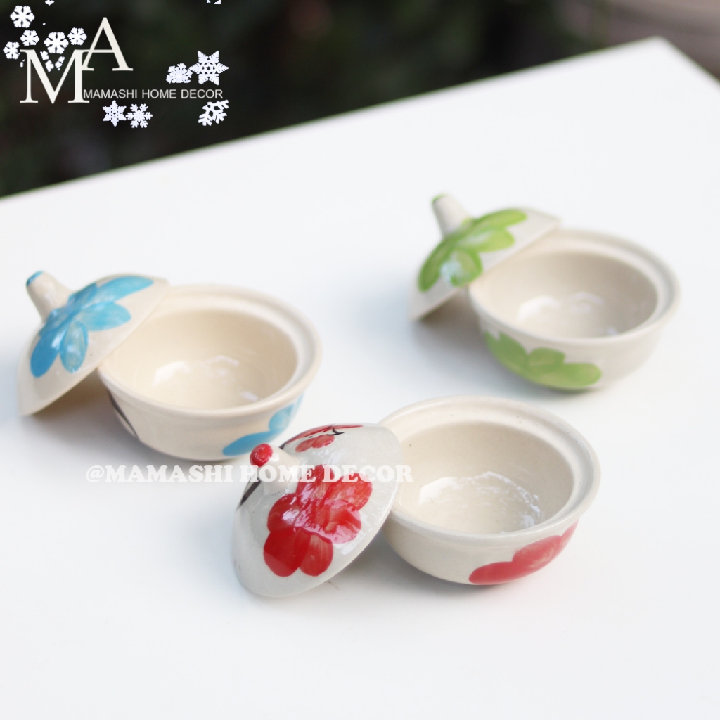 ถ้วยเซรามิคตราไก่ ถ้วยน้ำจิ้ม พร้อมฝาปิด ขนาด 3.5 นิ้ว ลายไก่ มี 3 สี