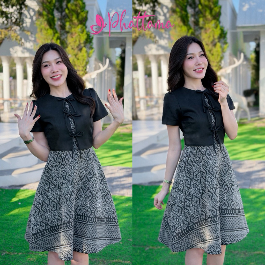 เดทผ้าทอมัดหมี่แต่งกั๊กคอกลมผูกโบน่ากระโปรงทรงย้วยสวยน่ารักมาก