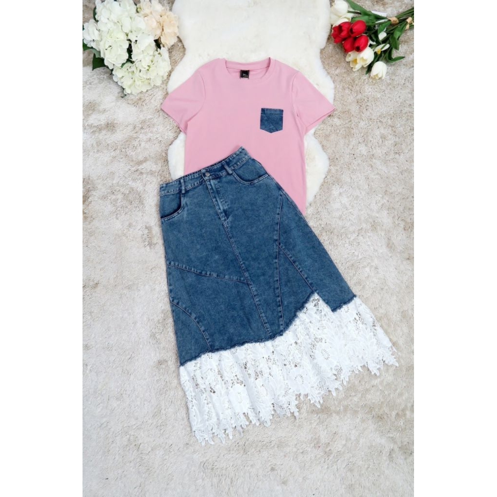 ชุดเซ็ตสวยเก๋ มี3สี!!! M-4XL Set2ชิ้น เสื้อยืดแขนสั้น+กระโปรงยีนส์ชายลูกไม้ งานป้าย DNY - รูปที่ 6