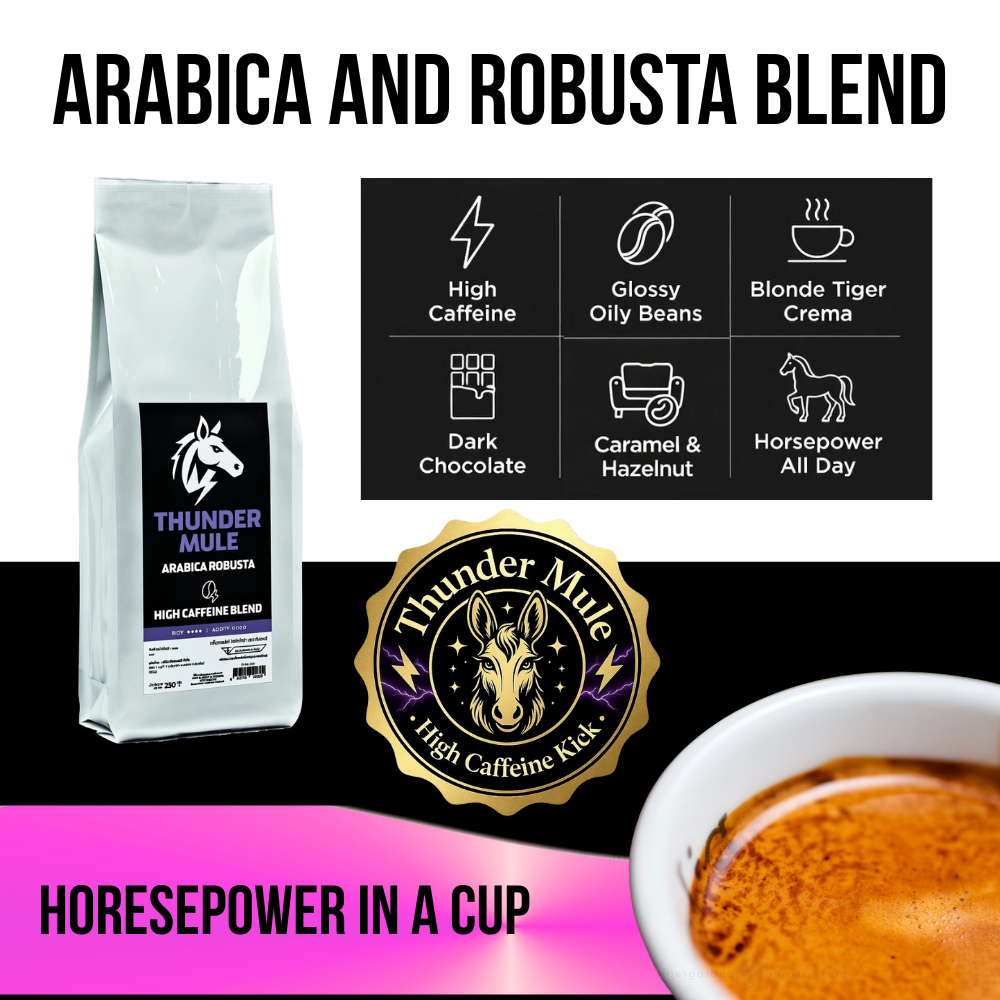 Dark Roast Vienna Thunder Mule High Caffeine Arabica Robusta Doi Chang Peaberry + Vietnam Blend 250g