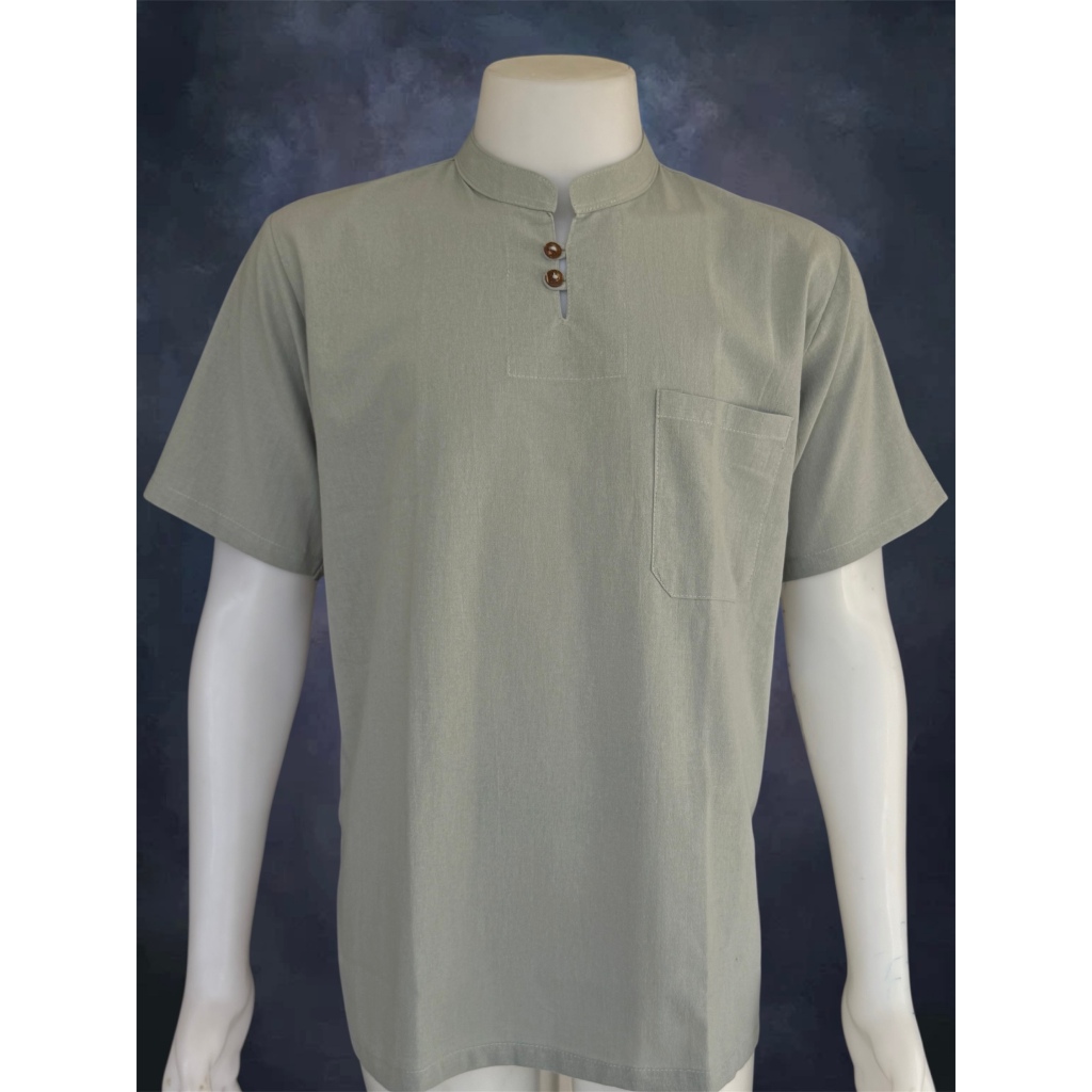เสื้อผ้าฝ้าย ผ้าพื้นเมือง (หนังกบ) คอจีน กระดุม 2 เม็ด แขนสั้น มีกระเป๋า