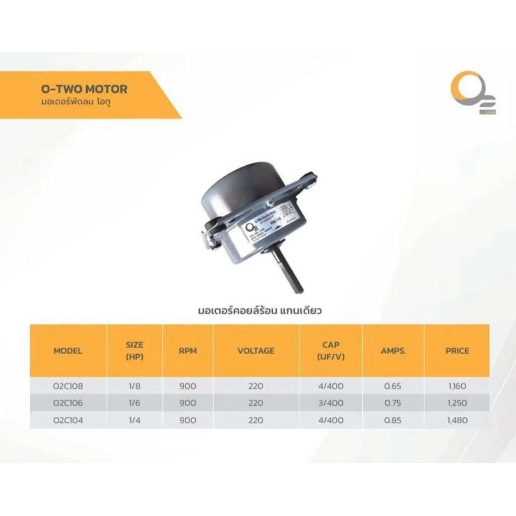 มอเตอร์คอยล์ร้อนแอร์ ยี่ห้อ O-TWO ( โอทู )  ขนาด 1/4 , 1/6 , 1/8 HP มอเตอร์แอร์บ้าน มอเตอร์แอร์