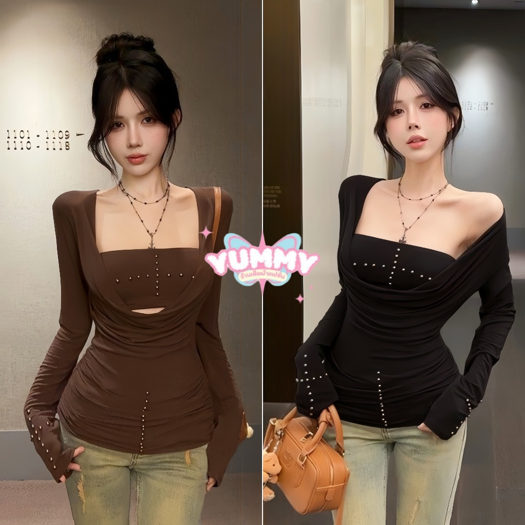 🎀Yummy Shop🎀㈩㈡ เสื้อแขนยาว+เกาะอก ครอป ทรงเข้ารูป สีดำน้ำตาล เสื้อแฟชั่นผู้หญิง' FY5040