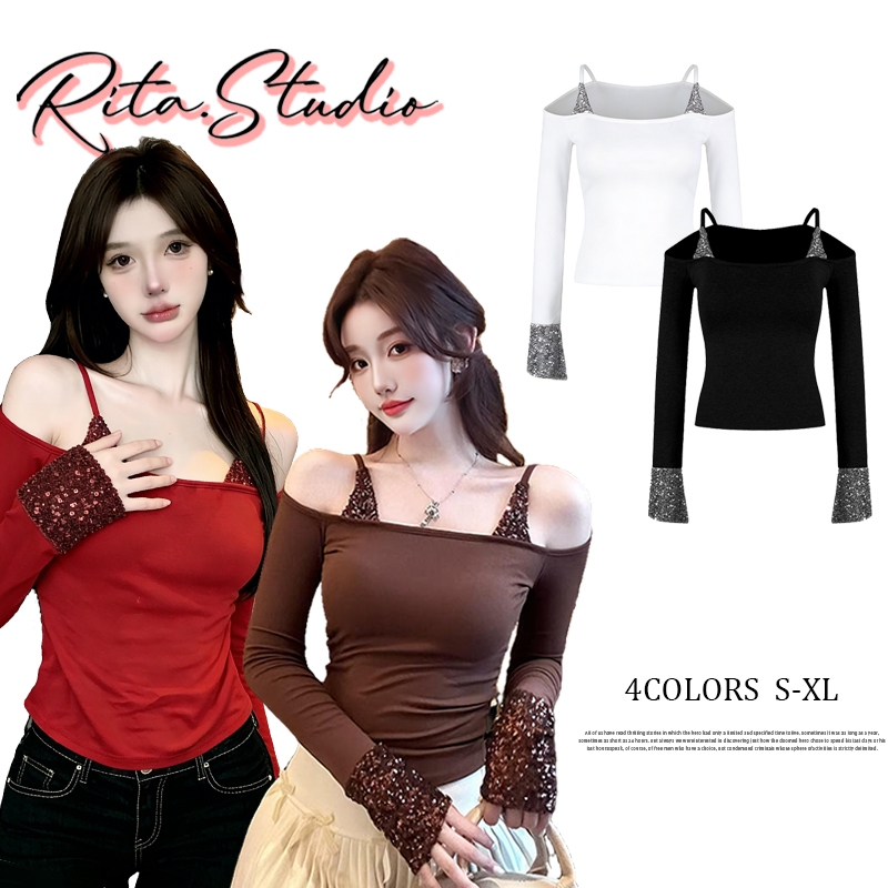 Rita พร้อมส่ง🍒เสื้อไหล่เดียวเซ็กซี่ เสื้อยืดแขนยาวผู้หญิง แถบ crop top ทรงเข้ารูป Y2K เสื้อรัดรูปเปิดไหล่สไตล์เกาหลี