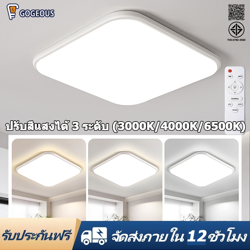 GOGEOUS โคมไฟเพดาน LED สว่างสูง ไฟหลักห้องนั่งเล่น/ไฟห้องนอน 3000K/4000K/6500K ปรับความสว่างได้ แบบบางพิเศษ ไฟเพดาน