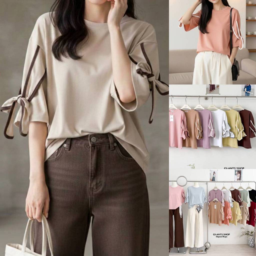 G1384 คอกลนแขน 5 ส่วนผูกโบว์