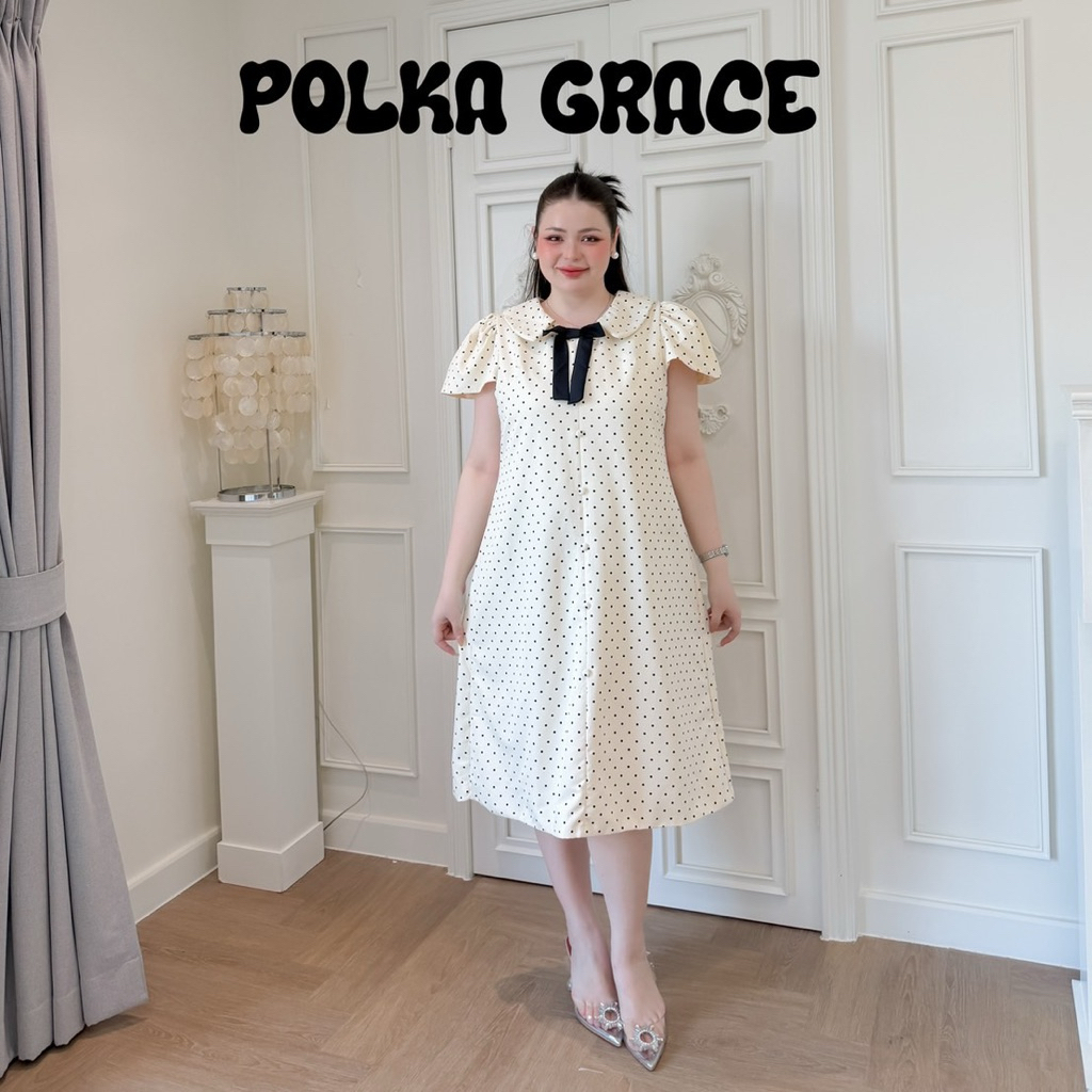 Lady M | POLKA GRACE dress plussize เดรสยาว ครีมลายจุด รุ่นขายดี สำหรับสาวอวบสายหวาน สวยคลาสสิก ใส่ออกเดต ทำงาน คาเฟ่