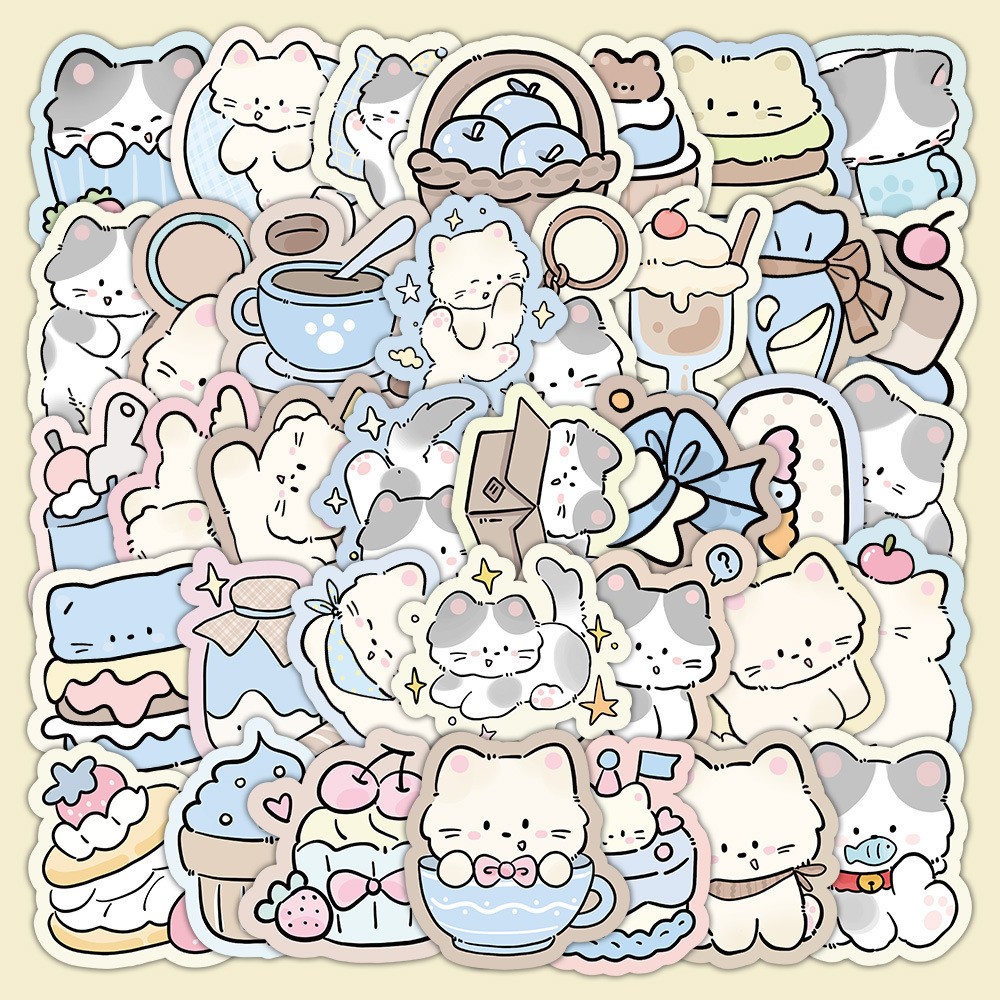 [พร้อมส่ง] 50 ชิ้น PVC Sticker สติกเกอร์ DIY ลาย การ์ตูน ลูกแมว น่ารัก Cute Kitten Cat Cartoon