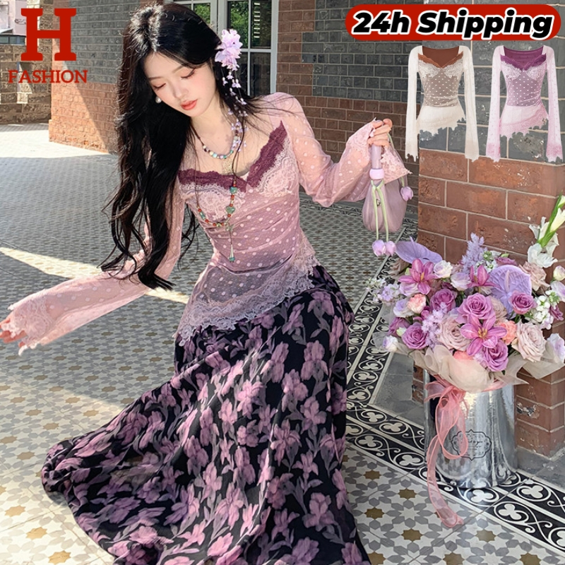 HOT พร้อมส่ง เสื้อแขนยาว ลายลูกไม้สไตล์สาวเกาหลี เสริมฟองน้ำ ใส่สวยคาวาอี้ FY33039/FY1956