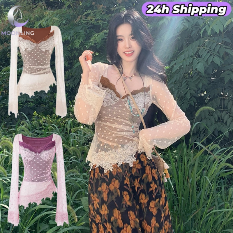 MOON พร้อมส่งจากไทย เสื้อแขนยาว ลายลูกไม้สไตล์สาวเกาหลี เสริมฟองน้ำ ใส่สวย FY33039/FY1956