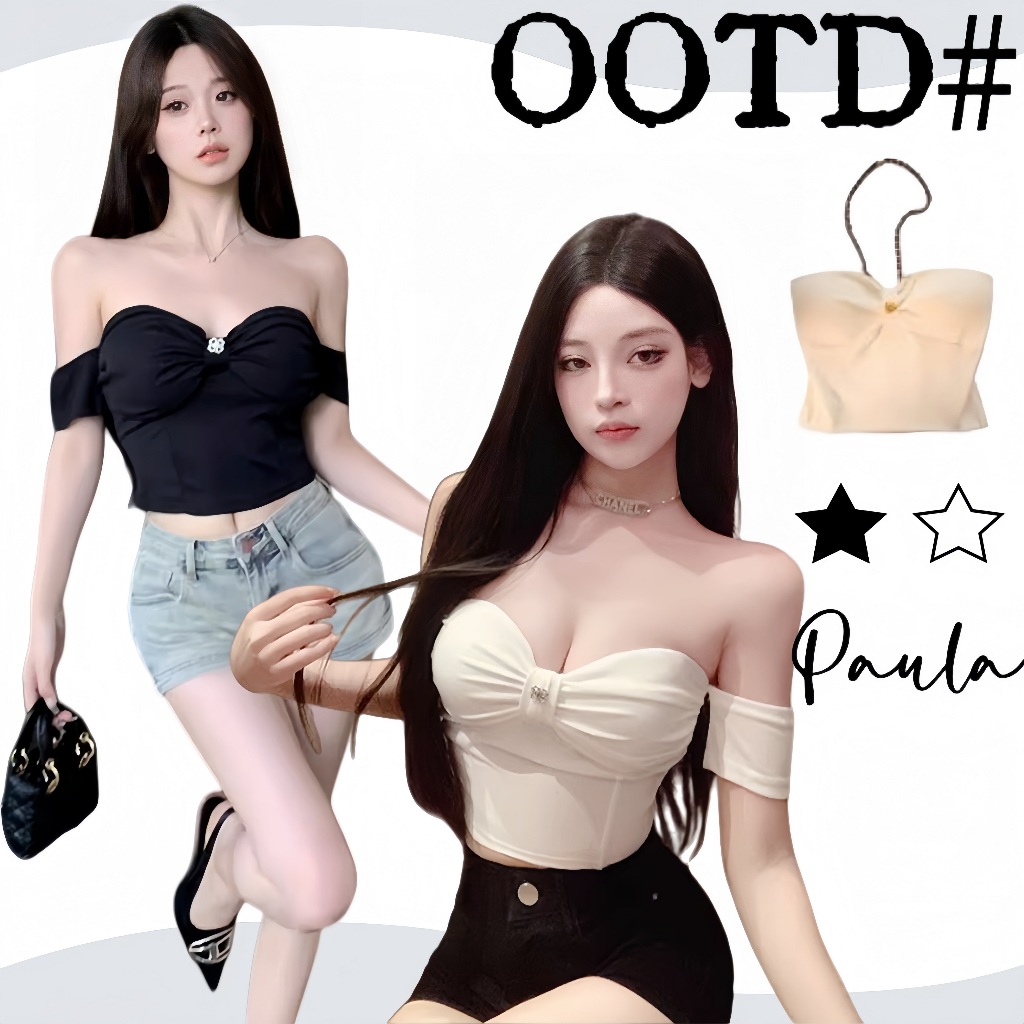 Paula พร้อมส่ง เสื้อปาดไหล่เซ็กซี่ผู้หญิง เสื้อครอปY2Kแฟชั่นสาวเกาหลีชุดไปคาเฟ่ ไปทะเลทรงรัดรูปเอวลอยครึ่งตัว​สีพื้น