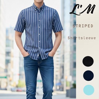 Lm men's style แขนสั้นลายริ้ว สีฟ้า กรม ดำ เนื้อผ้าคอตตอนยีน…