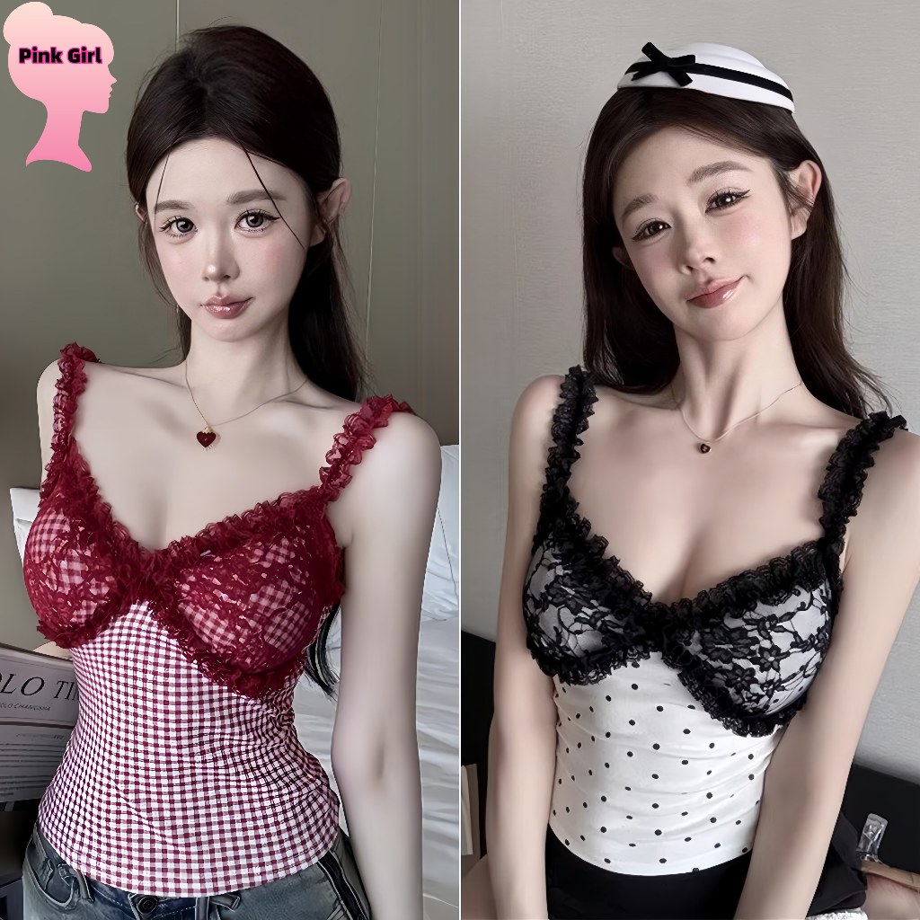 💋Pink girl💋D​ec เสื้อสายเดี่ยว เสริมฟองน้ำในตัว บางเบา ลายตาราง ดีเทลขอบลูกไม้ เซ็กซี่ เสื้อเล่นสงกรานต์ผู้หญิง' FY66018