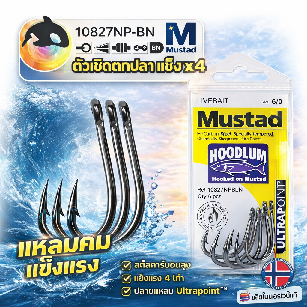 [86 บาท โค้ดคุ้ม] 🟥เบ็ด MUSTAD HOODLUM HOOK เบ็ดแข็งแรง 4x รหัส 10827NPBLN
