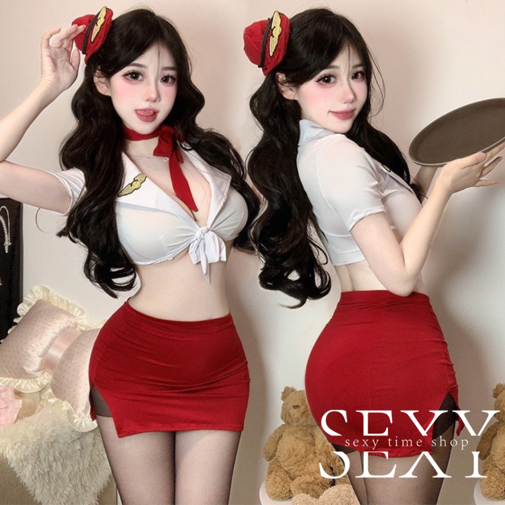 SEXY TIME ชุดแอร์โฮสเตรส ชุดนอนไม่ได้นอน ชุดคอสเพลย์แอร์โฮสเตรสสาว 2 สี เสื้อกระโปรงมาพร้อมหมวก