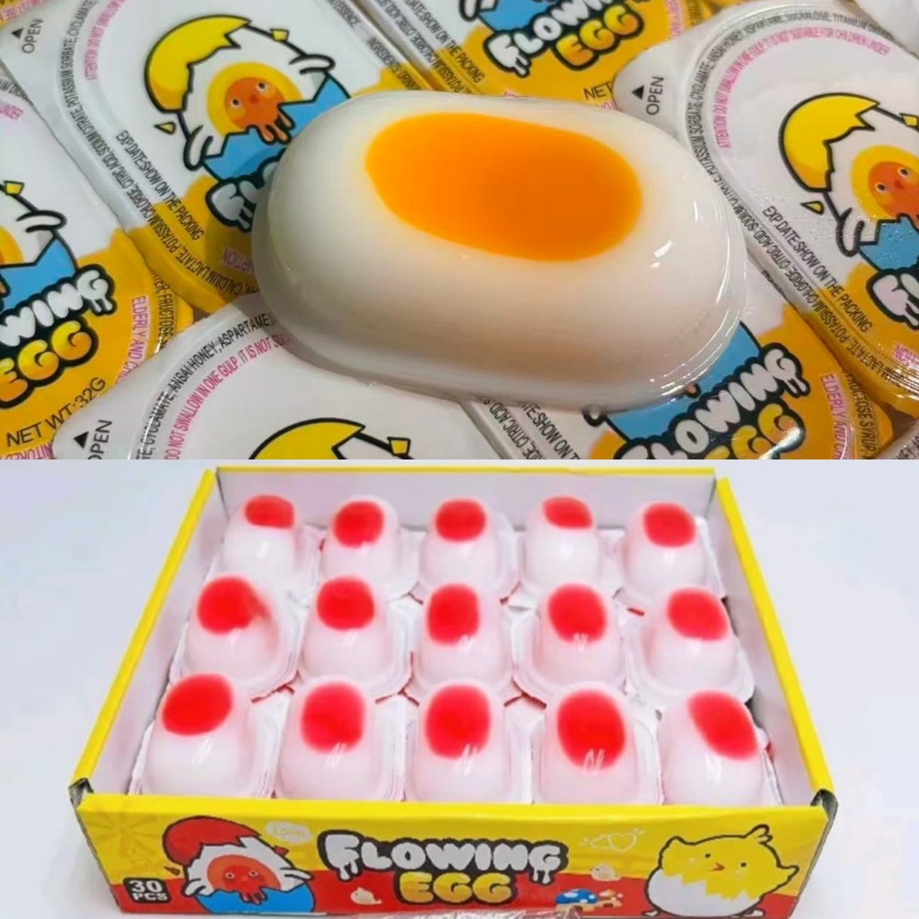 เยลลี่ไข่เยิ้ม Flowing Egg 1 กล่อง (30 ชิ้น) สีสดใส ไส้เยิ้มเคี้ยวสนุก หอมหวานทุกคำ พร้อมส่ง