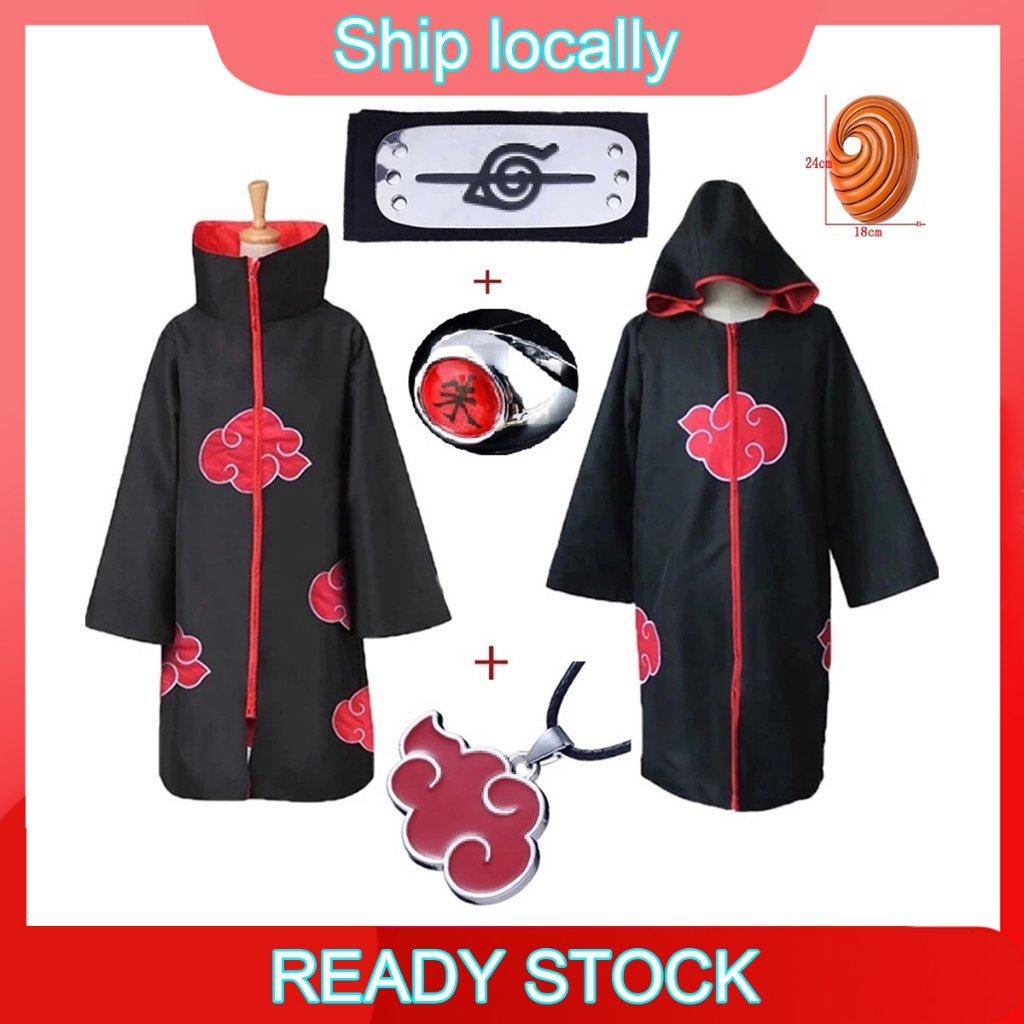 Akatsuki Cloak ชุดคอสเพลย์ฮาโลวีนเสื้อคลุมสีดำสำหรับชายและหญิงของอาคัตสึกิและตระกูลอุจิวะ พร้อมแหวน,