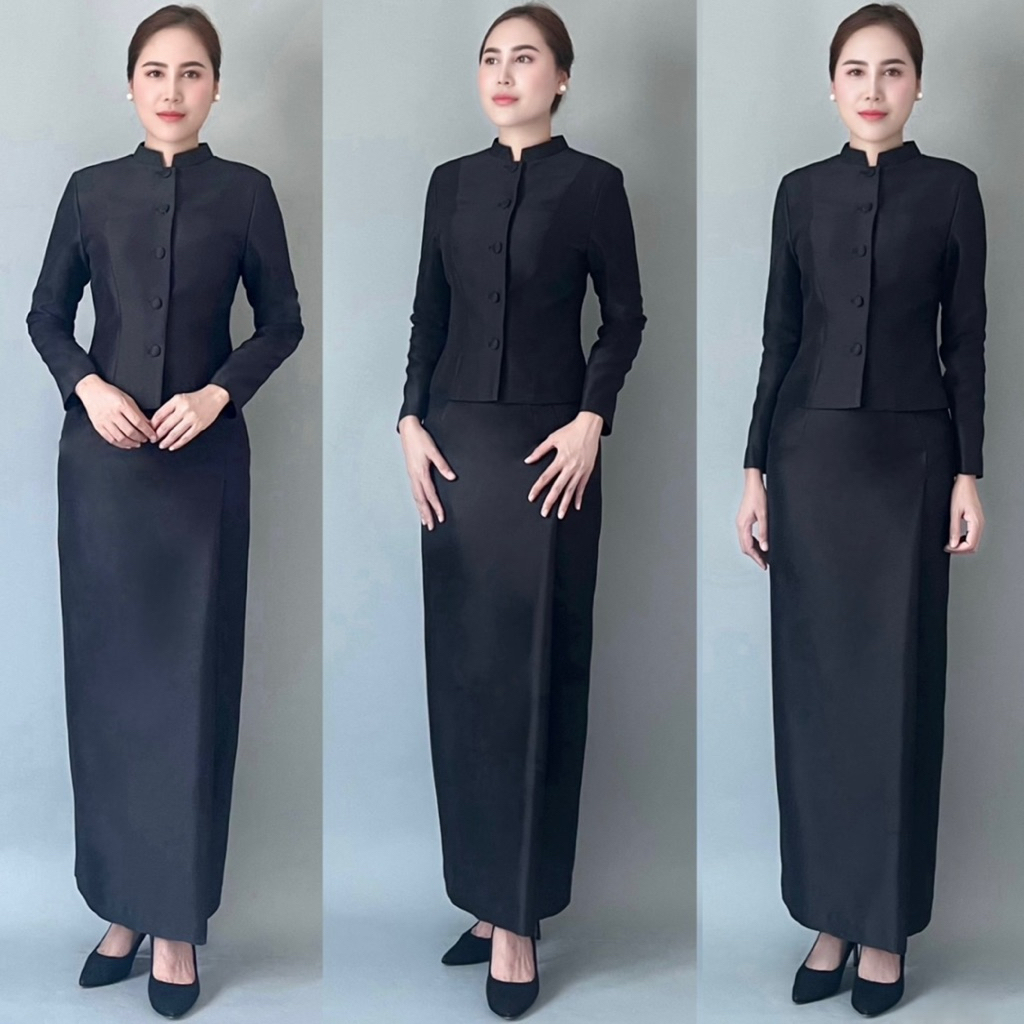 (พร้อมส่งจาก🇹🇭) ชุดดำไทยจิตรลดากระดุมหน้าไหล่เรียบ กระดุมหน้า 5 เม็ด มีซับใน ใช้ผ้าไหมอิตาลีเนื้อผ้าอย่างดี