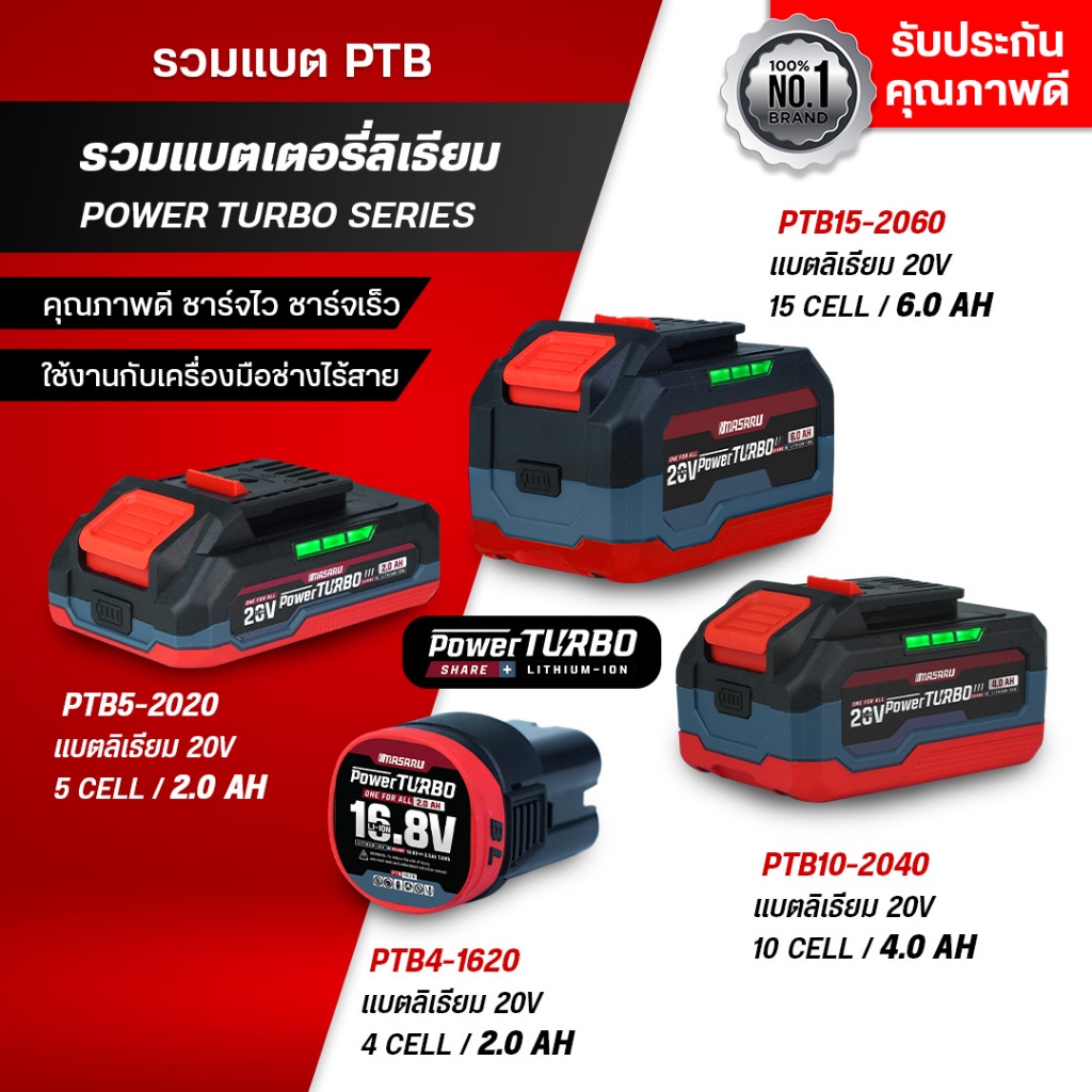 MASARU แบตเสริม PTB15-2060/PTB10-2040/PTB5-2020/PTB4-1620 POWER TURBO อุปกรณ์ไร้สาย แบต สว่าน