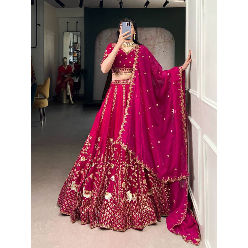 Lehenga Fabric : Natural Silk  Lehenga work : Sequins and Thread Embroidery Work  Lehenga Waist : SU